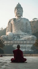 Monk meditating in front of a large stone Buddha statue