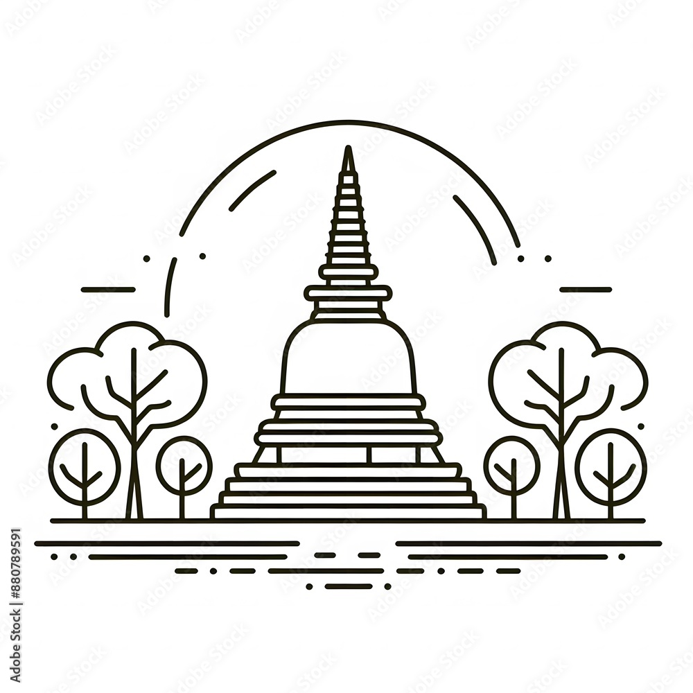 Fototapete ai generate of simple design of one line icon depicting of buddha's stupa, isolated in white