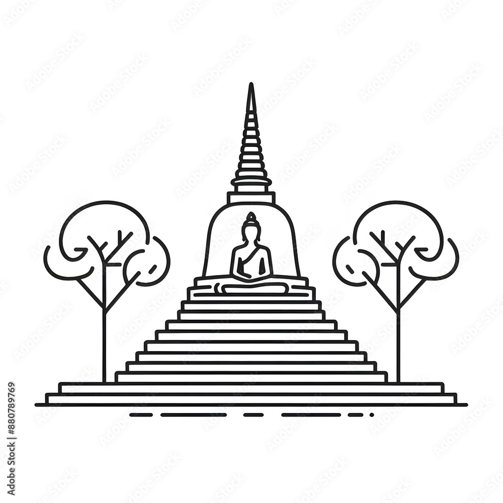 Fototapete ai generate of simple design of one line icon depicting of buddha's stupa, isolated in white
