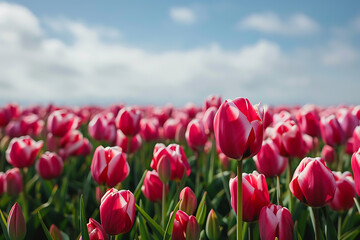 Panoramic field of tulips against the backdrop of a beautiful sky.