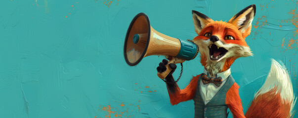 Fototapeta premium A trendy fox with a bow tie, using a megaphone on a blue background. The fox's sly expression and the megaphone's loud call make a striking image.