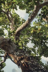 A single bird sitting on a branch of a tree, with leaves and branches in the background