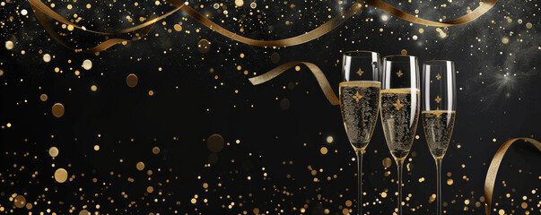 A classy 2025 Happy New Year banner with elegant fonts, champagne glasses, and a sophisticated black and gold theme.