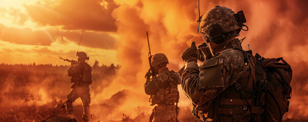 A military banner featuring soldiers using advanced communication equipment during a field operation, emphasizing the role of technology in modern warfare.