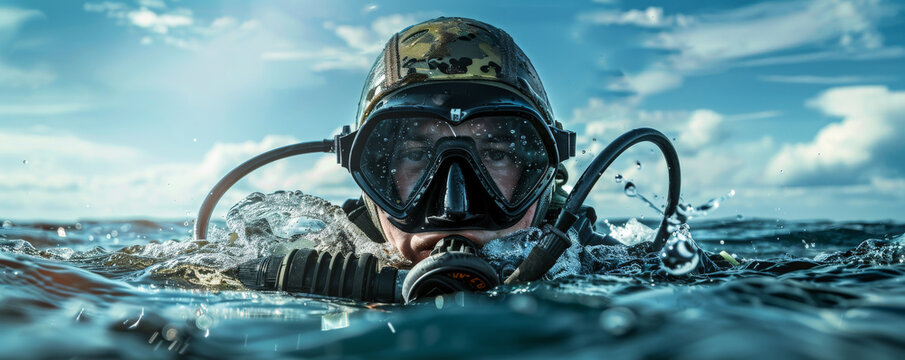 A military banner featuring a combat diver emerging from the water, equipped with underwater gear, highlighting specialized training and readiness.