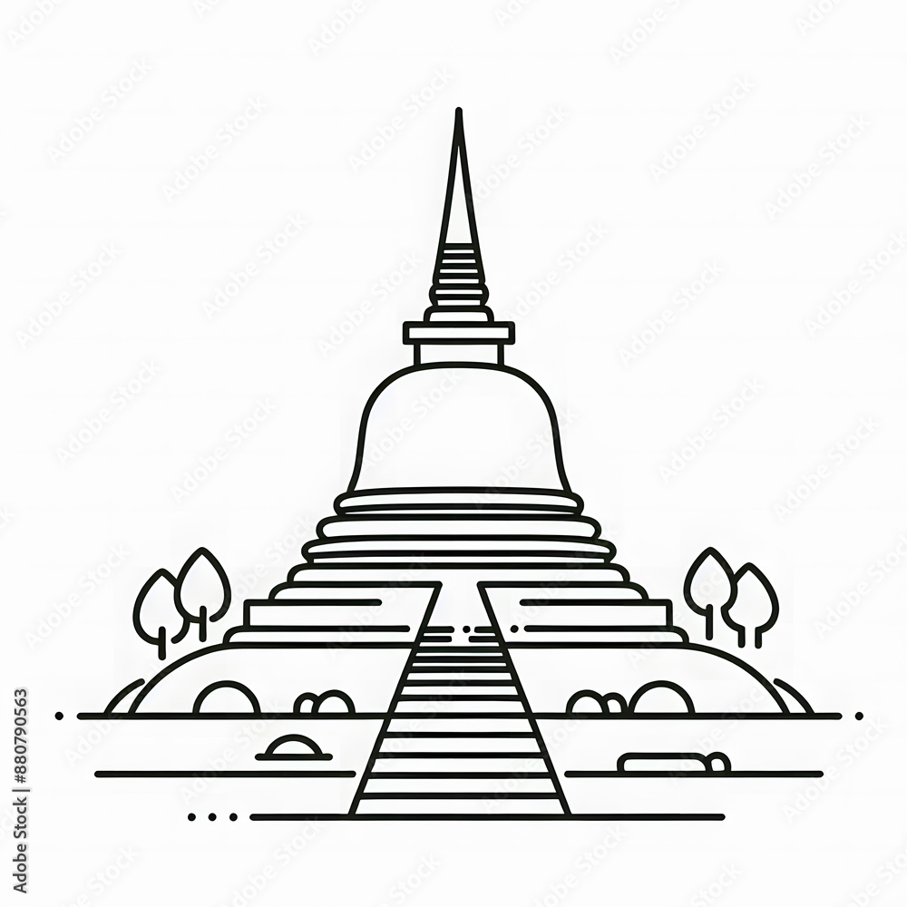 Fototapete AI Generate of Simple design of One Line Icon Depicting of Buddha's Stupa, Isolated in White