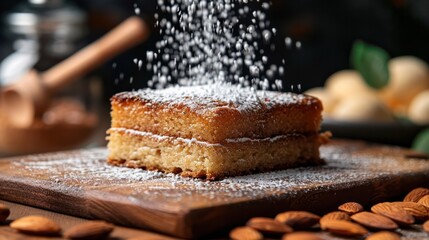 A slice of cake with powdered sugar on top