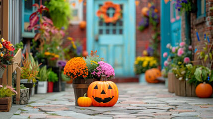 Festive Halloween Decor with Pumpkins and Flowers