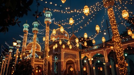 Obraz premium A mosque decorated with lights at night