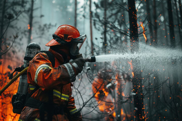 Naklejka premium Firefighter extinguishes forest. Lifeguard pours water from hose. Climate change, disasters.