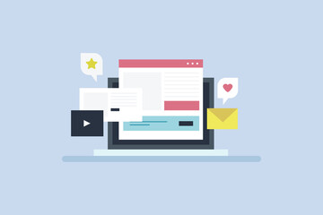 Fototapeta premium Blog content development, Writing content for business blogging. Sharing blog content through email, Social media and search engine. Vector illustration background.
