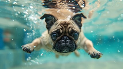 Cheerful Pug Diving with Comical Expression in Lively Setting