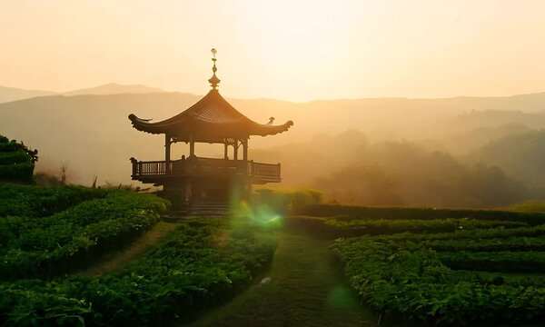tea garden with beautiful sunrisee