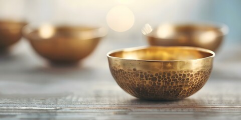 Tibetan Brass Bowls Sound Healing for Meditation and Relaxation Therapy Practice. Concept Sound Healing, Tibetan Brass Bowls, Meditation Therapy, Relaxation Practice
