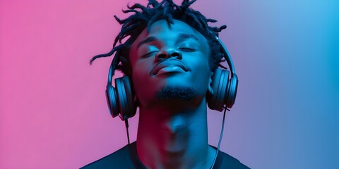 African American man in headset undergoing sound healing therapy for balance. Concept Sound Healing, Therapy Session, African American Man, Headset, Balance