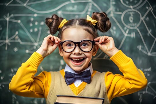A pretty girl with glasses and books in her hands. The child goes to school for the first time. A child in the classroom on the background of a blackboard. Back to school.