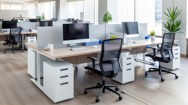 Modern Office Space Abandoned, Furniture and Equipment in Focus with Deep Depth of Field