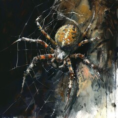 5. Spider, spinning web in dark corner, creepy ambiance, Watercolor style