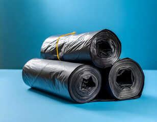 roll of garbage.rolls of garbage bags isolated on a blue background, with a clean and simple composition that emphasizes the shapes and forms. 