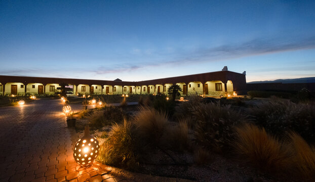 interior of the hotel Meteorites in Zaida, in the Meknes-Tafilalet region near the desert in Morocco, North Africa. It's almost night and the typical lights create a magical atmosphere.