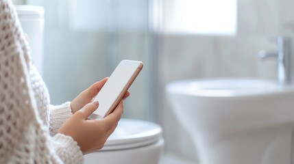 Person using a smartphone in the bathroom, focusing on the device. Modern technology and relaxation concept in everyday life.