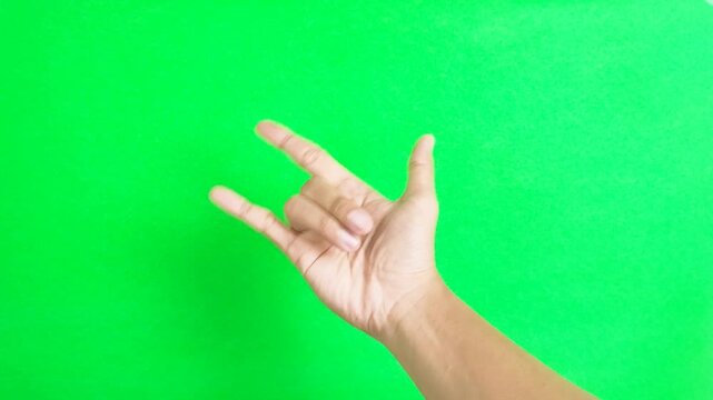 Metal hand sign with shaked motion isolated on green screen background chroma key. Love you gesture hand