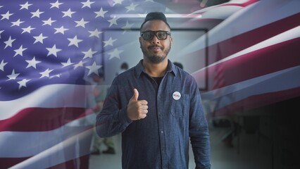 African American man with badge smiles, looks at camera and shows thumbs up after voting. 3D motion...