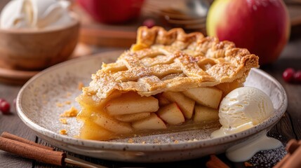 A slice of apple pie with ice cream on top