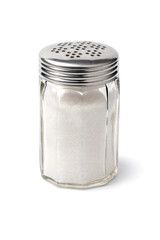 Single ground glass salt shaker isolated on white background close up