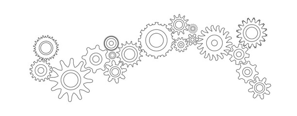 Black outline round business gears set vector graphic. Cogs set illustration to use for technology, complex business procedure, mechanics, engineering projects. 