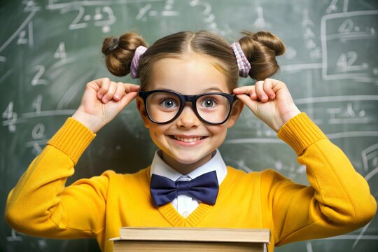 A pretty girl with glasses and books in her hands. The child goes to school for the first time. A child in the classroom on the background of a blackboard. Back to school.