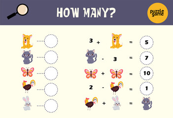 How many game with farm animals. Math worksheet activity for preschool children. Printable simple counting for kids