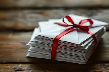 Stack of letters wrapped with red ribbon on an old wooden desk background. Padded mailing white envelopes pile. Christmas mail. Christmas card. Letters to Santa. Heap of tied holiday cards. Xmas wish