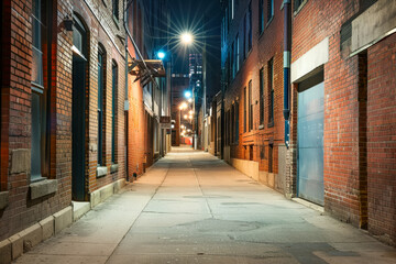 Fototapeta premium Night view of an empty urban alleyway with brick buildings and street lights, creating a moody atmosphere.