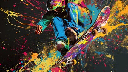 Colorful Skateboarder in Mid-Air