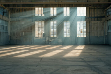 Interior of an abandoned warehouse with sunlight streaming through windows, casting shadows on the floor.