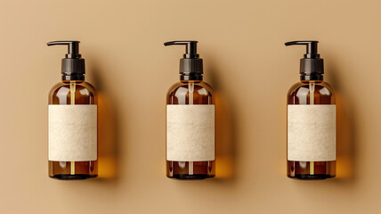 Amber glass bottles mockup with blank labels on brown background. Pump and spray containers packaging design. Bathroom cosmetics. Flat lay, top view