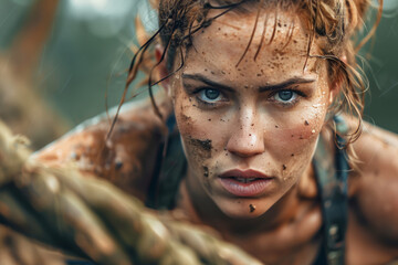Tough young woman competing in an endurance obstacle race in the nature, muddy face.