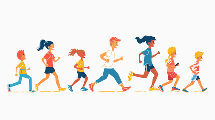 Children's drawings show a family and friends jogging. Cartoon style and white background.