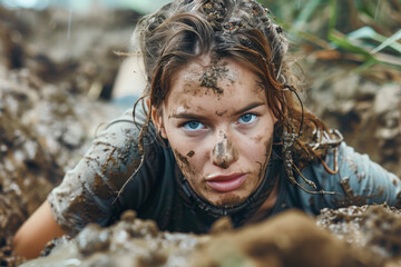 Young woman covered in mud is pushing herself to the limit while crawling through an obstacle course at boot camp
