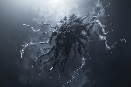 horror art, creature made of hair and thorns emerging from the dark, tentacles, scary, surreal, photorealistic // ai-generated - Powered by Adobe