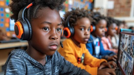 Focused children wearing headsets participate in a computer class, enhancing their learning experience in a diverse classroom setting.