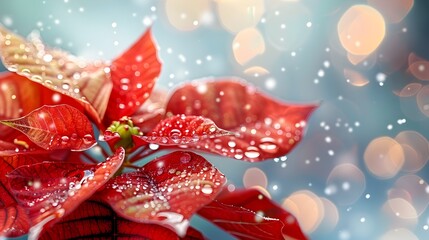 Close-up of a Vibrant Red Poinsettia Flower with Glistening Water Droplets