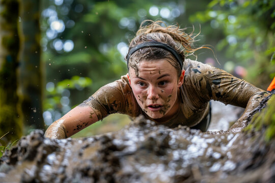 Muddy athlete is giving her all while crawling through a mud pit during an obstacle course race