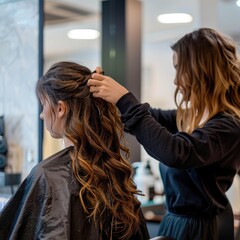 Fototapeta premium female hairdresser styling hair of a client