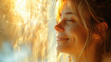 A woman enjoys the warm sunlight streaming through a window, creating a serene and peaceful atmosphere. She closes her eyes with a contented smile.