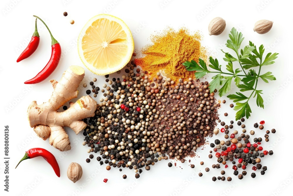 Poster a selection of various spices and herbs arranged on a white surface