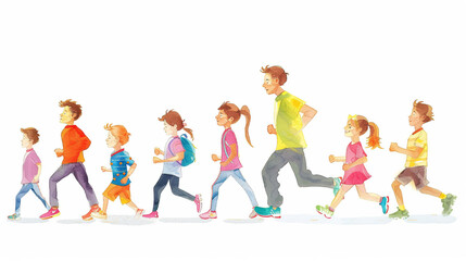 Children's drawings show a family and friends jogging. Cartoon style and white background.