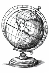 A black and white sketch of a vintage globe