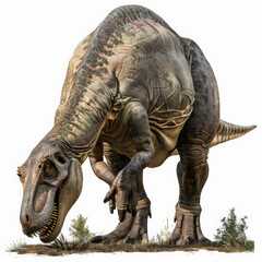 Fototapeta premium A detailed Edmontosaurus with its duck-billed mouth and robust body, grazing on vegetation, isolated on white background.